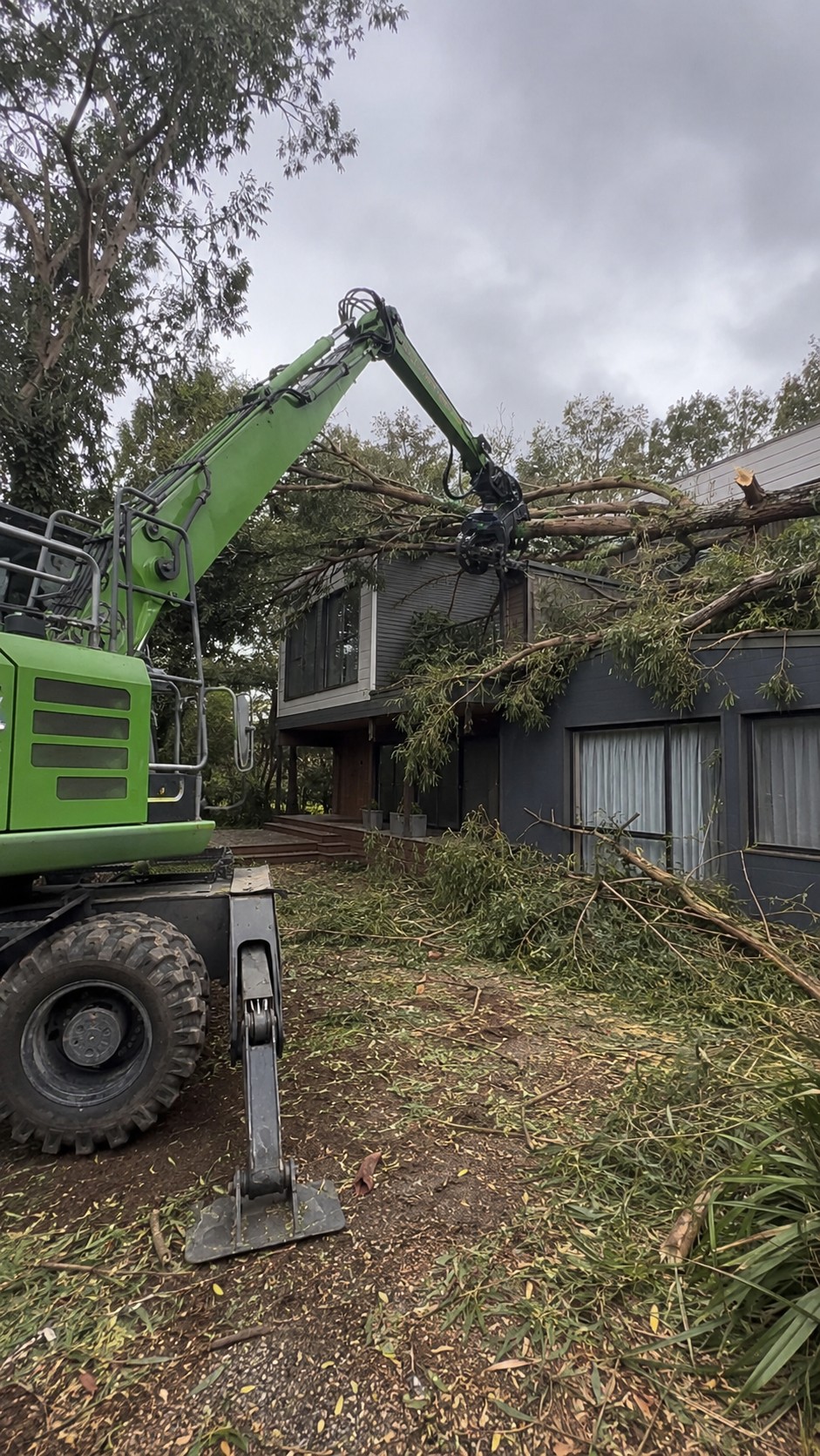 Emergency storm response crew removing a fallen tree from a residential property