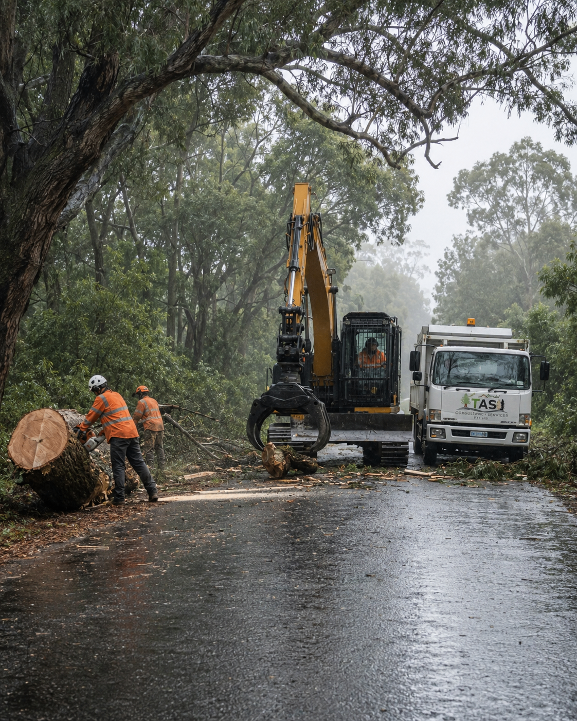 TAS crew clearing a fallen tree from a road during a storm emergency